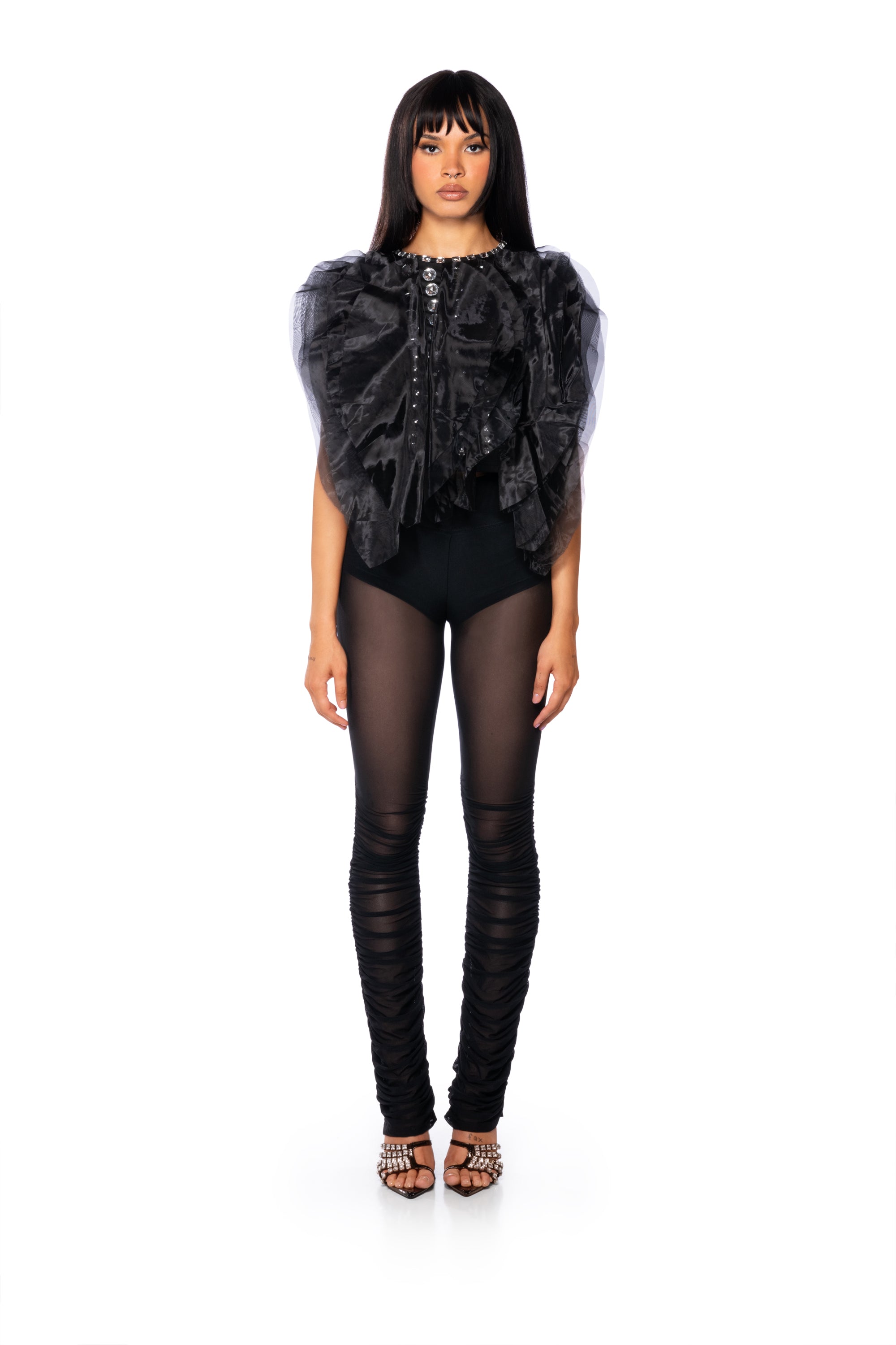 NIGHT OUT RUCHED MESH LEGGING IN BLACK
