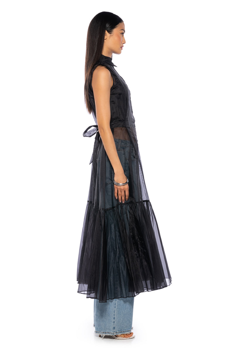 FITTED BUTTON DOWN PLEATED SHEER DUSTER