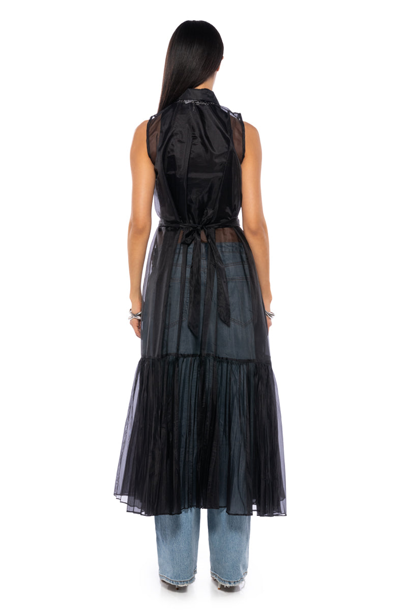FITTED BUTTON DOWN PLEATED SHEER DUSTER