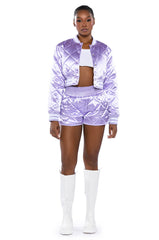 NO CAP CROPPED SATIN VARSITY BOMBER