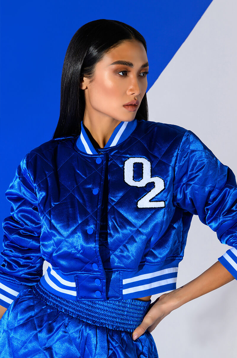NO CAP CROPPED SATIN VARSITY BOMBER