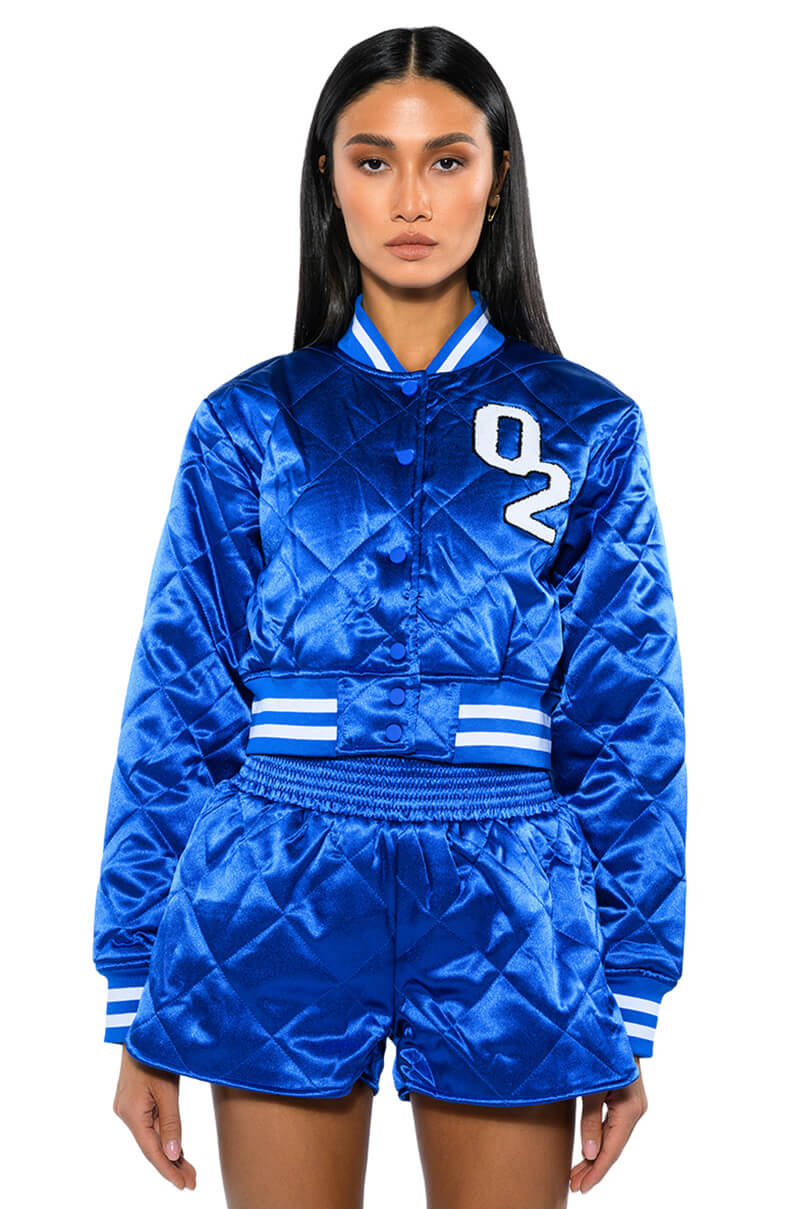 NO CAP CROPPED SATIN VARSITY BOMBER