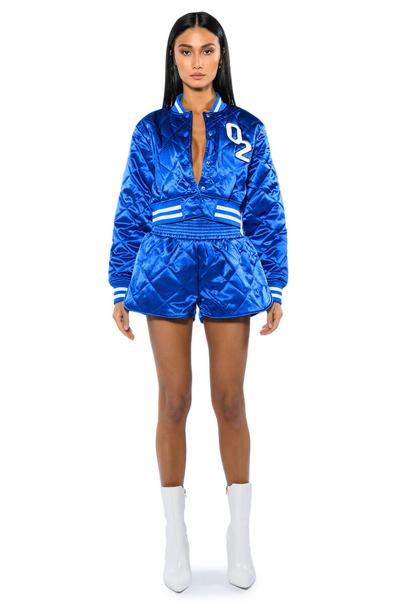 NO CAP CROPPED SATIN VARSITY BOMBER