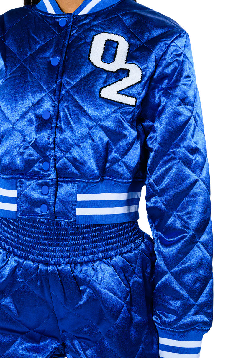 NO CAP CROPPED SATIN VARSITY BOMBER