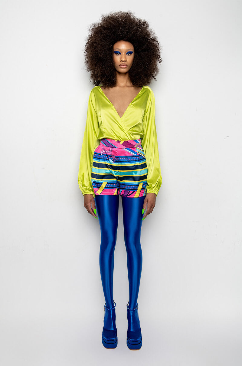 NO PICTURES PLEASE WRAP FRONT LONG SLEEVE SATIN BODYSUIT