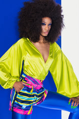 NO PICTURES PLEASE WRAP FRONT LONG SLEEVE SATIN BODYSUIT