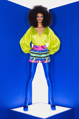 NO PICTURES PLEASE WRAP FRONT LONG SLEEVE SATIN BODYSUIT