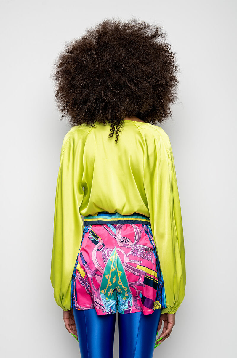 NO PICTURES PLEASE WRAP FRONT LONG SLEEVE SATIN BODYSUIT