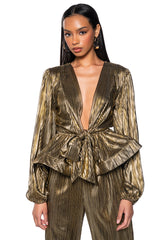 NOEL TIE PLEATED TIE FRONT METALLIC BLOUSE