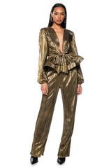 NOEL TIE PLEATED TIE FRONT METALLIC BLOUSE