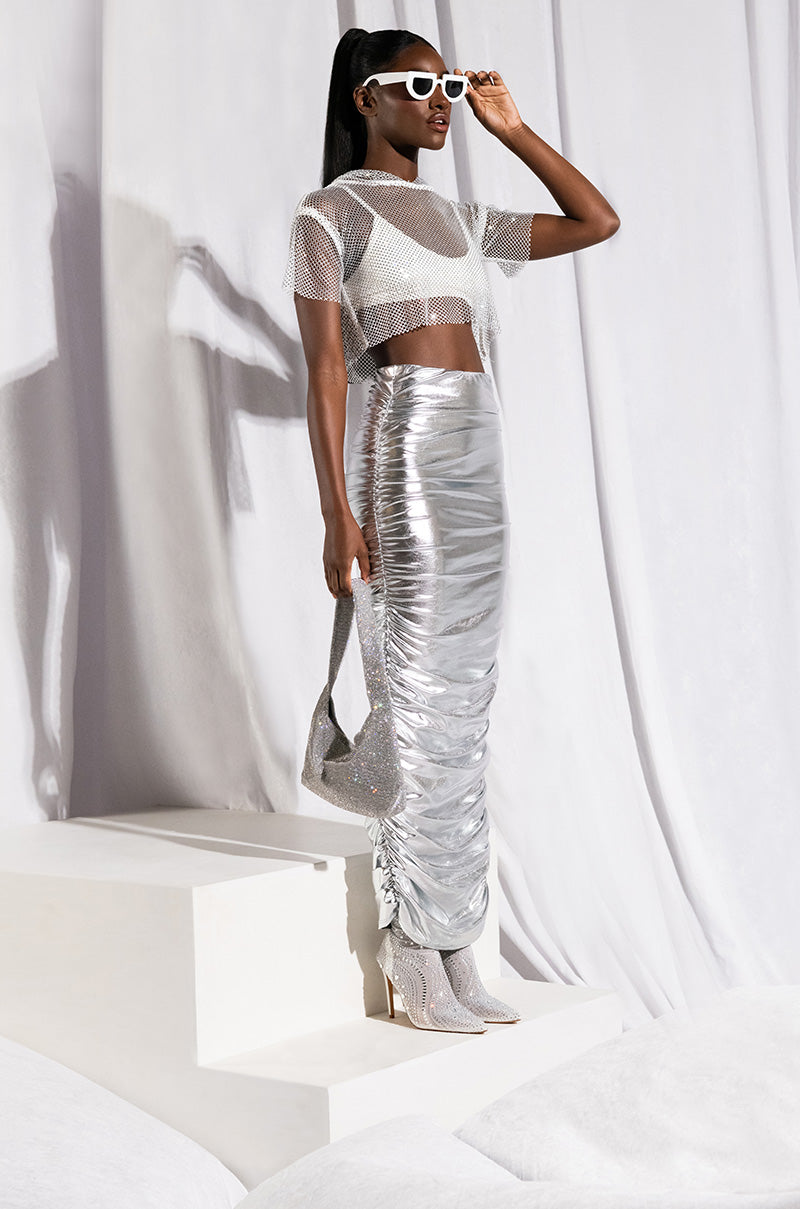 NORTH STAR RHINESTONE MESH HOODED CROP TOP IN WHITE