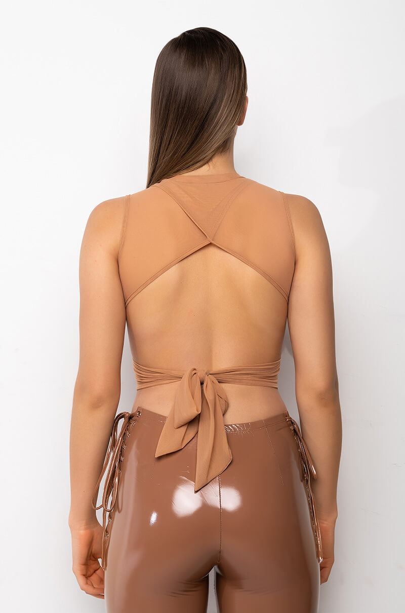 NOT YOUR BABY TIE BACK SLEEVELESS MESH CROP TOP