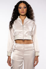 NOTHING BUT TROUBLE ZIP UP SATIN TOP