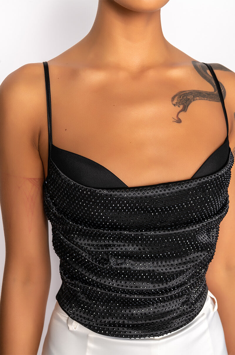 NOVA GIRL RHINESTONE COWL NECK TANK