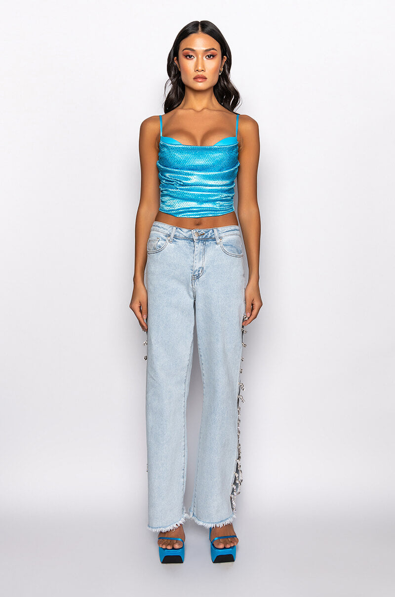 NOVA GIRL RHINESTONE COWL NECK TANK
