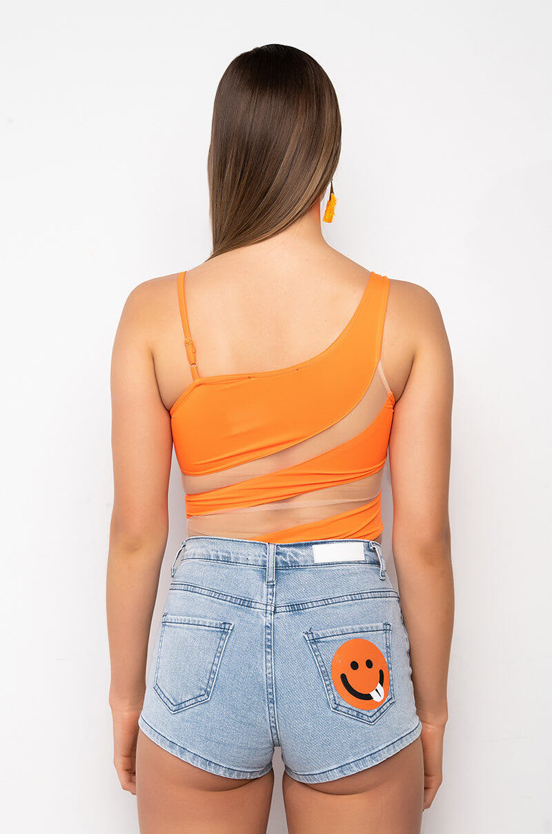 NOW YOU SEE ME ONE SHOULDER MESH PANEL BODYSUIT