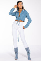OFF DUTY CROPPED LONG SLEEVE CHAMBRAY BLOUSE