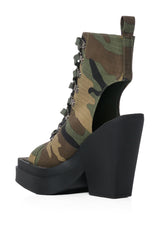 OFF DUTY PEEP TOE BOOTIE IN CAMO
