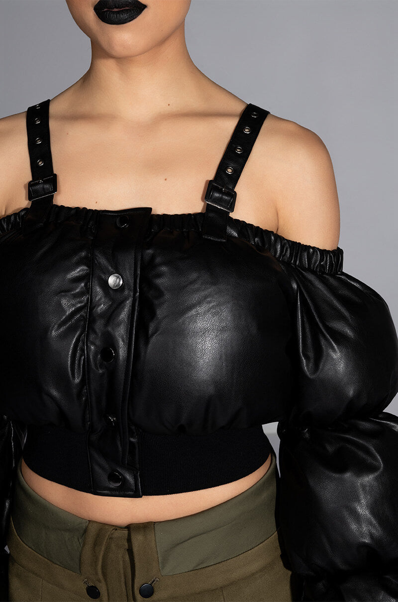 OFF SHOULDER PUFFER PU JACKET