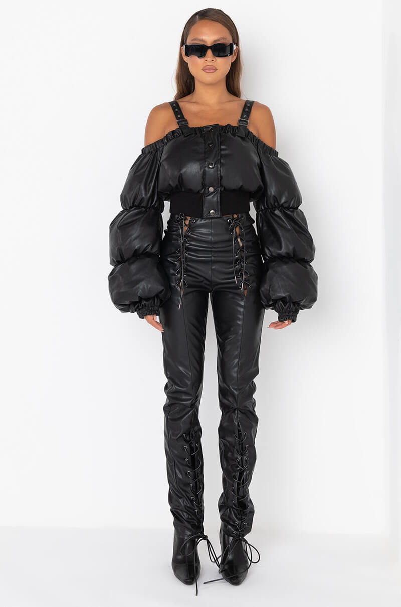 OFF SHOULDER PUFFER PU JACKET