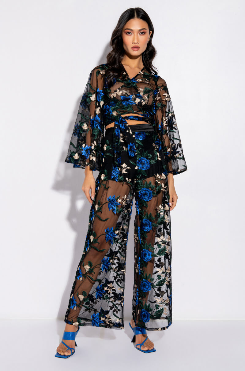 OJAI EMBROIDERED BELL SLEEVE WRAP FRONT BLOUSE