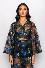 OJAI EMBROIDERED BELL SLEEVE WRAP FRONT BLOUSE