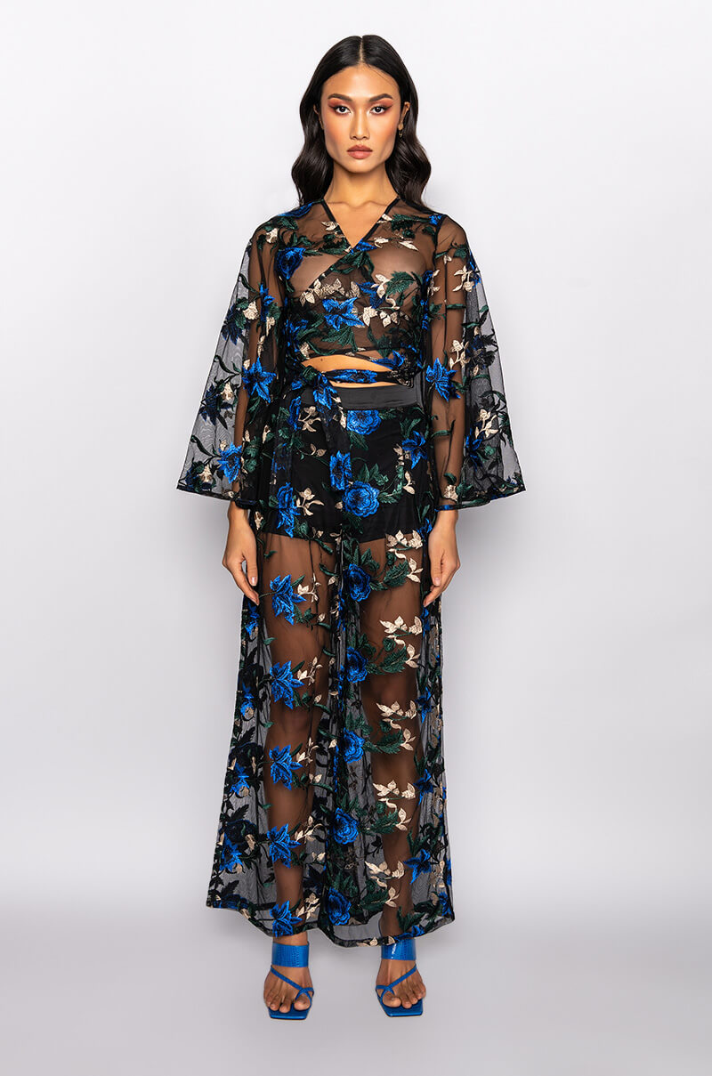 OJAI EMBROIDERED BELL SLEEVE WRAP FRONT BLOUSE