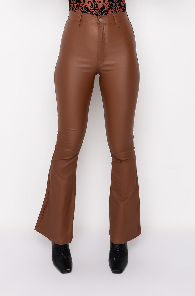 ON DUTY VEGAN LEATHER HIGH RISE FLARE PANTS