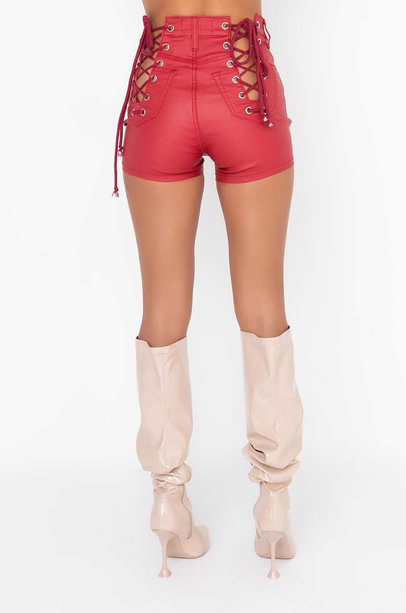 ON-DUTY VEGAN LEATHER LACE UP SHORTS