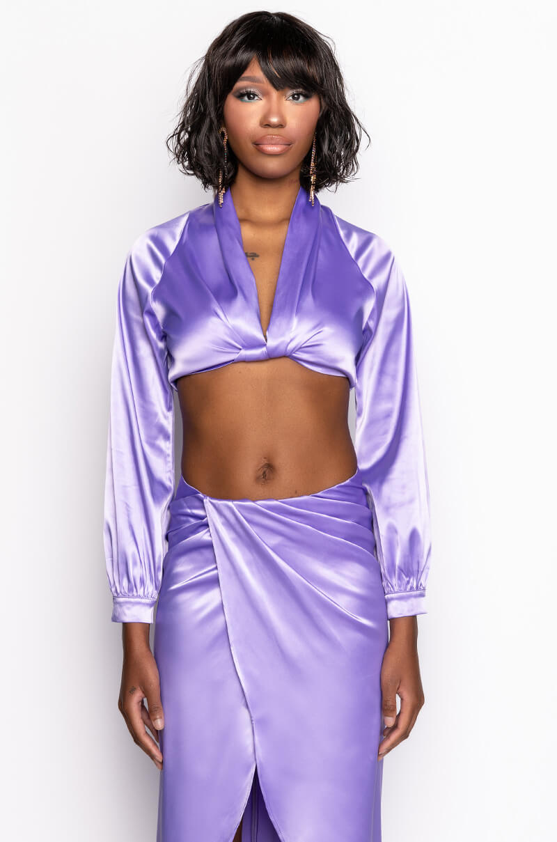 ON MY LEVEL TWIST FRONT SATIN CROP BLOUSE