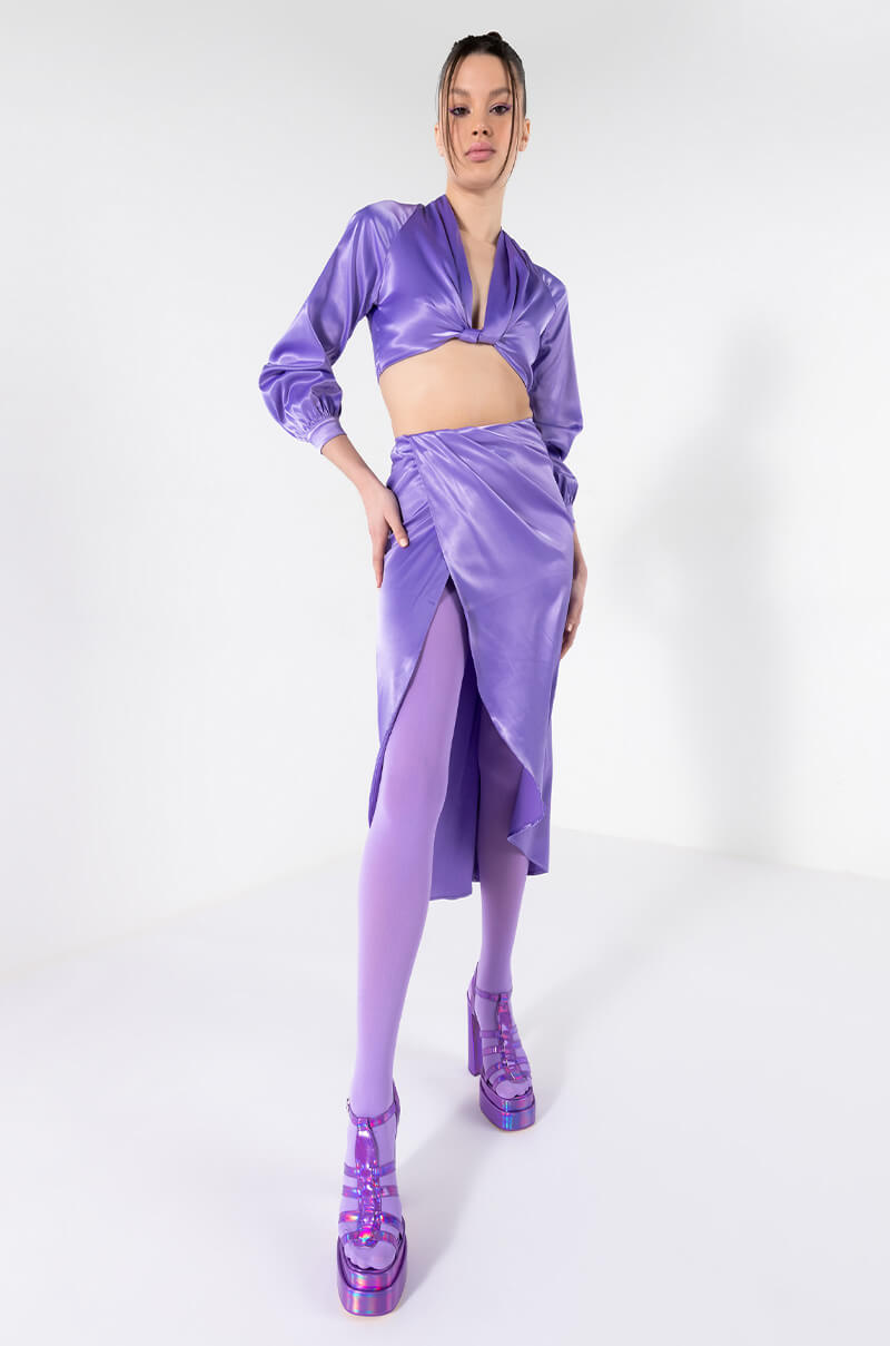 ON MY LEVEL WRAP FRONT SATIN MIDI SKIRT