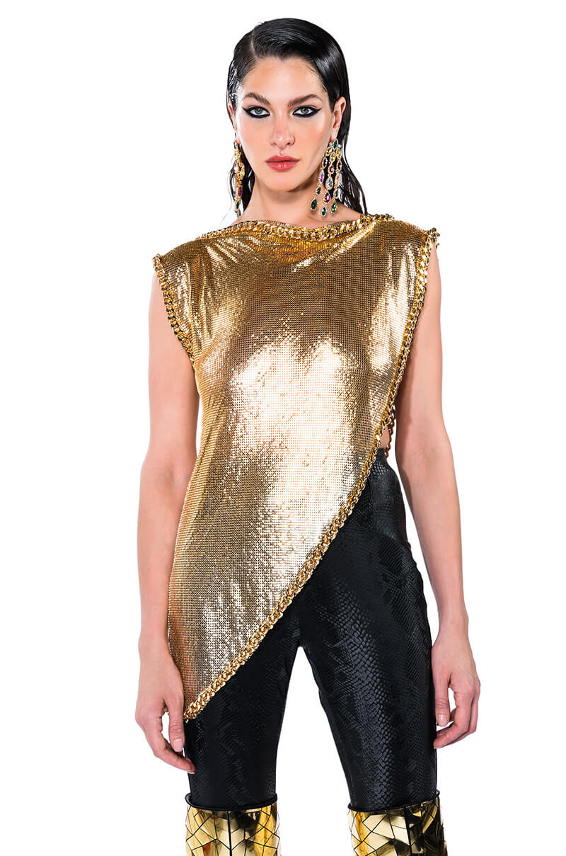 ON THE ROCKS SHORT SLEEVE ASYMMETRICAL CHAINMAIL BLOUSE