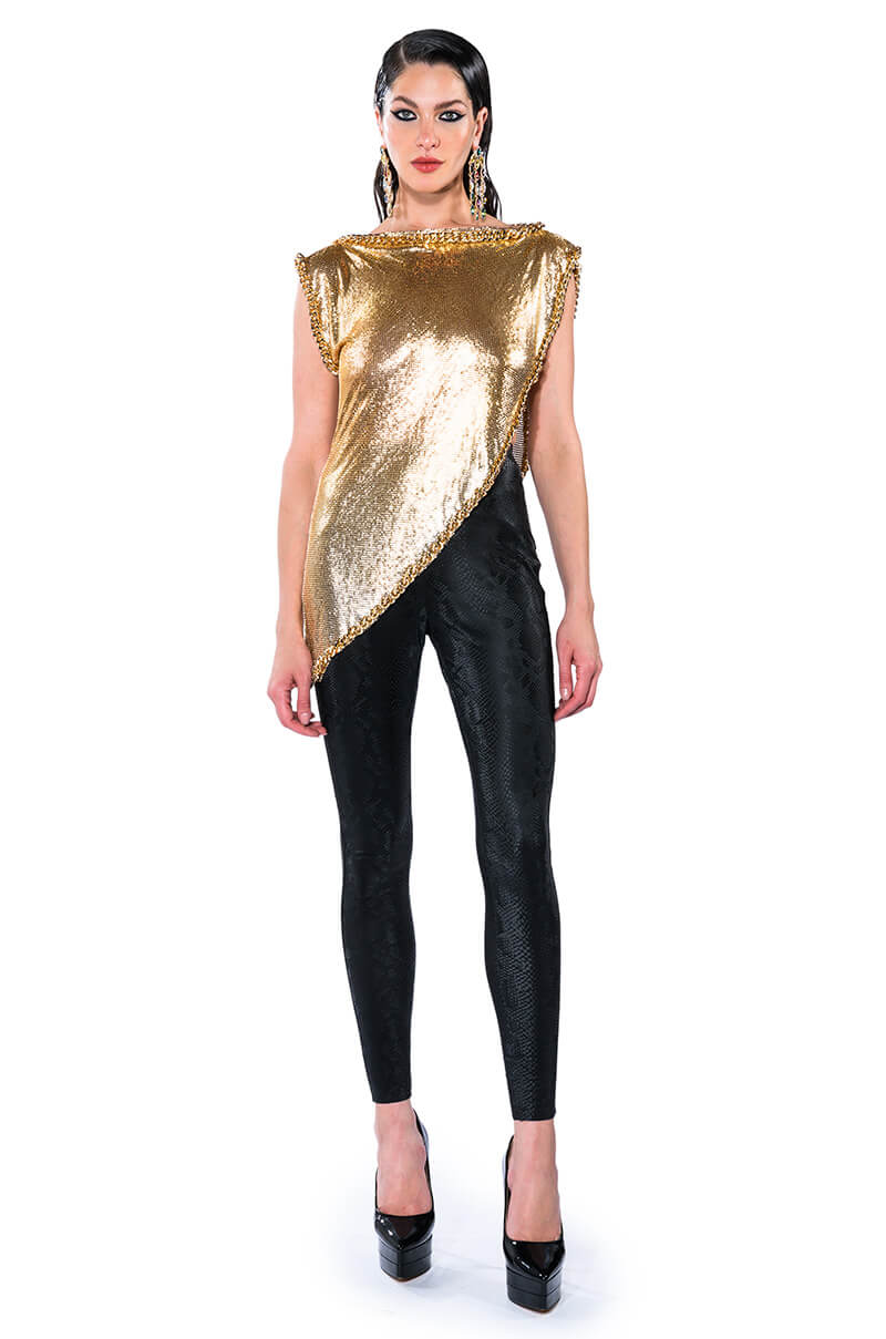 ON THE ROCKS SHORT SLEEVE ASYMMETRICAL CHAINMAIL BLOUSE