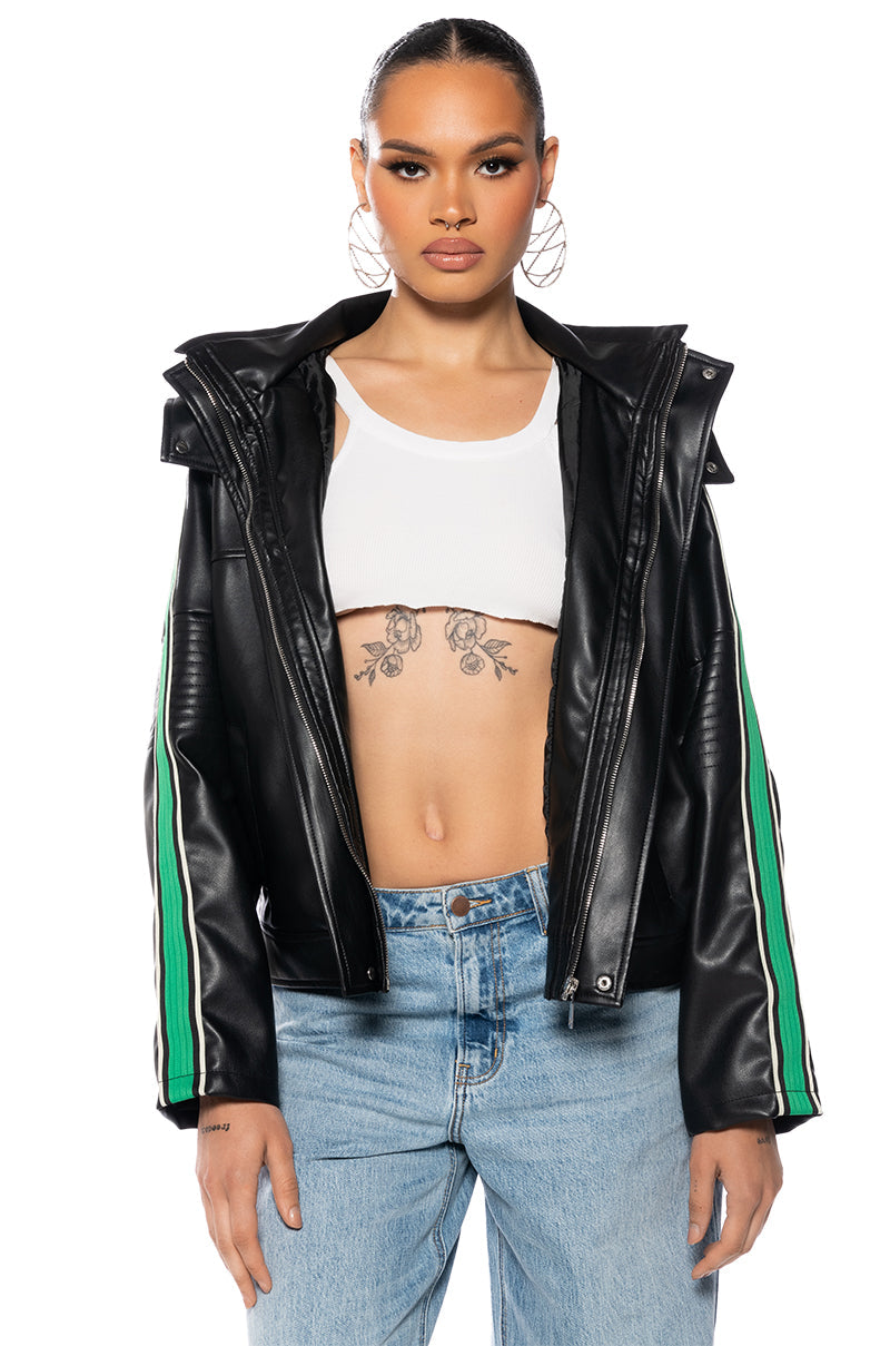 ON YOUR MARKS FAUX LEATHER HOODED JACKET