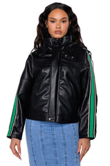 ON YOUR MARKS FAUX LEATHER HOODED JACKET