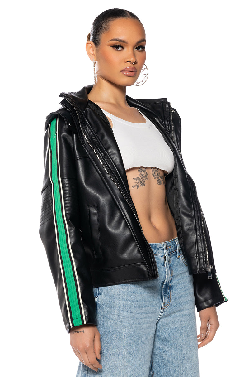 ON YOUR MARKS FAUX LEATHER HOODED JACKET