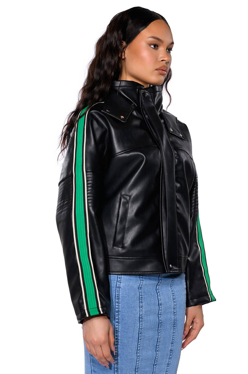 ON YOUR MARKS FAUX LEATHER HOODED JACKET