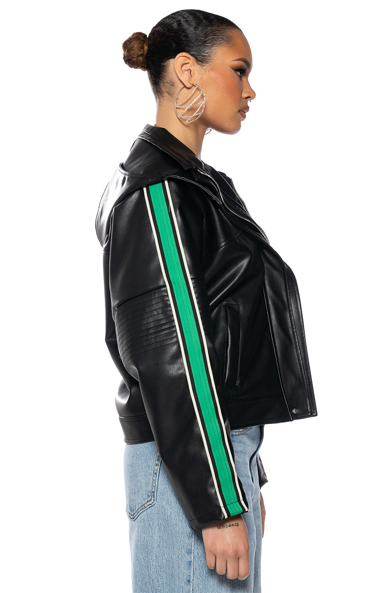 ON YOUR MARKS FAUX LEATHER HOODED JACKET