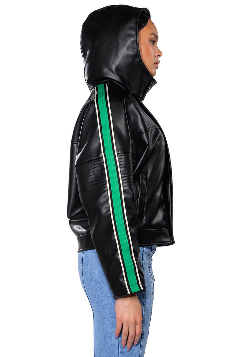 ON YOUR MARKS FAUX LEATHER HOODED JACKET