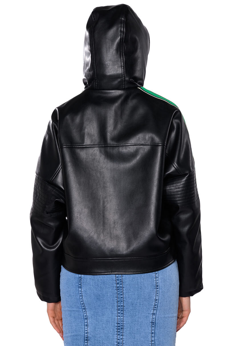 ON YOUR MARKS FAUX LEATHER HOODED JACKET