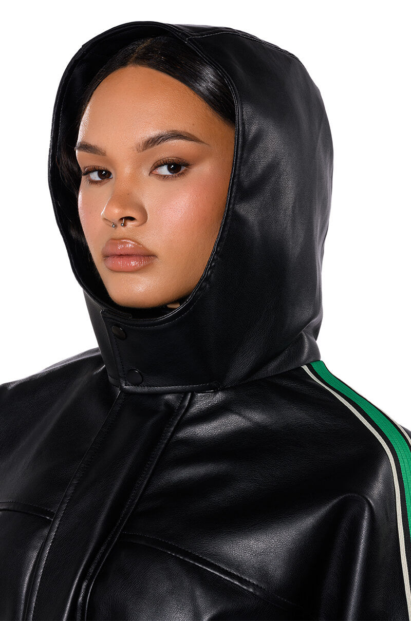 ON YOUR MARKS FAUX LEATHER HOODED JACKET