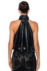 CASSIE BELTED HIGH NECK FAUX LEATHER TOP