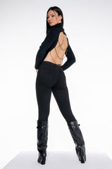 OPEN BACK CHAIN DETAIL MOCK NECK SWEATER