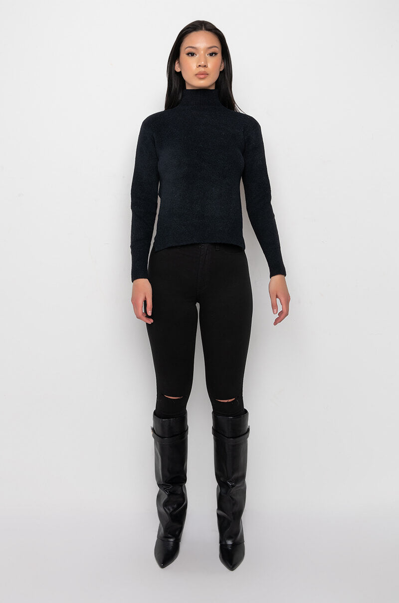 OPEN BACK CHAIN DETAIL MOCK NECK SWEATER
