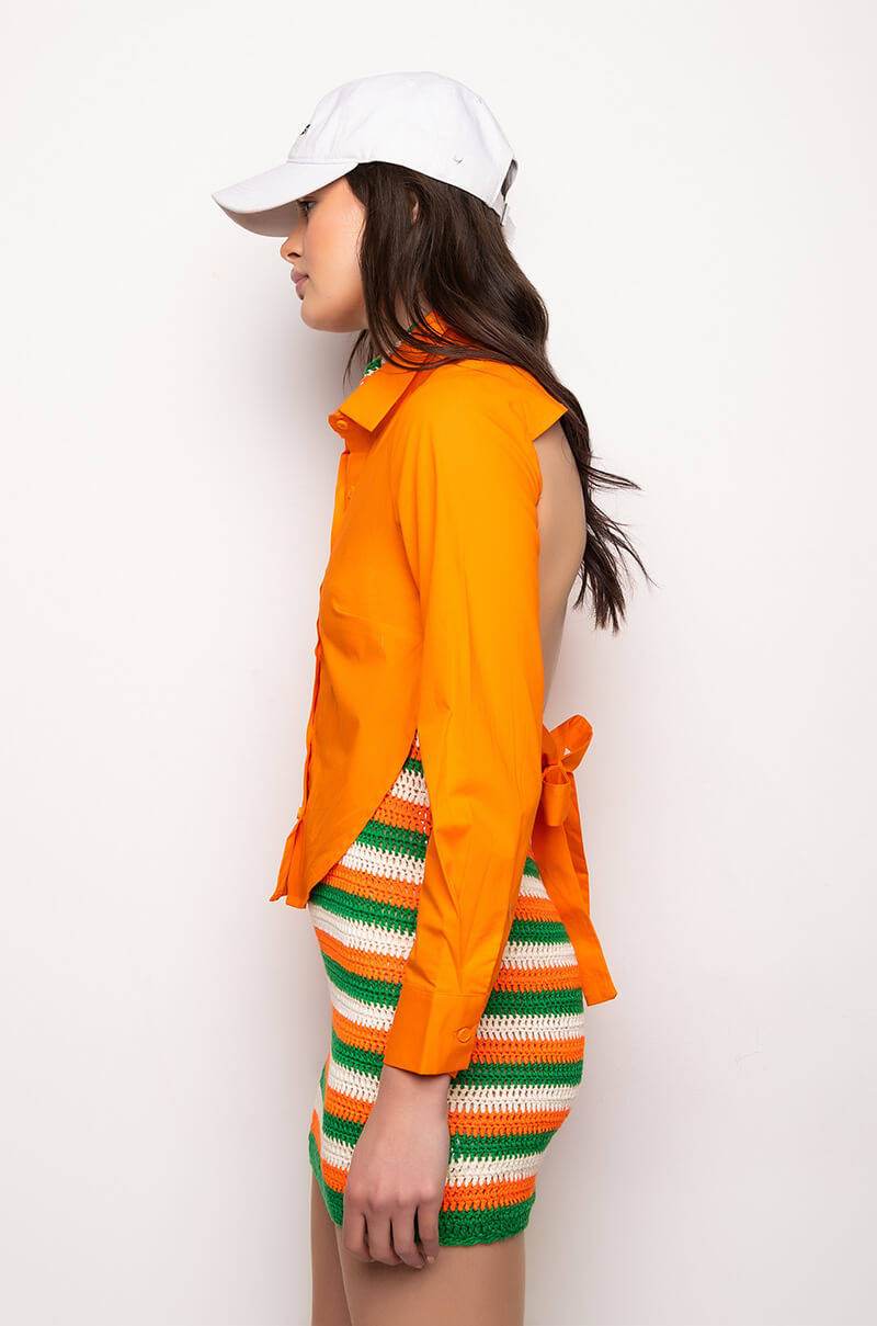 FRONT OF THE LINE TIE BACK CROPPED POPLIN BLOUSE
