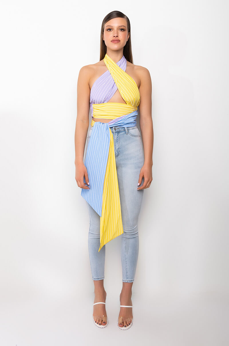 OUI OUI CROPPED HALTER POPLIN BLOUSE