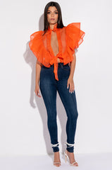 OUTTA MY WAY RUFFLE SLEEVE ORGANZA TIE FRONT BLOUSE