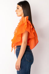 OUTTA MY WAY RUFFLE SLEEVE ORGANZA TIE FRONT BLOUSE