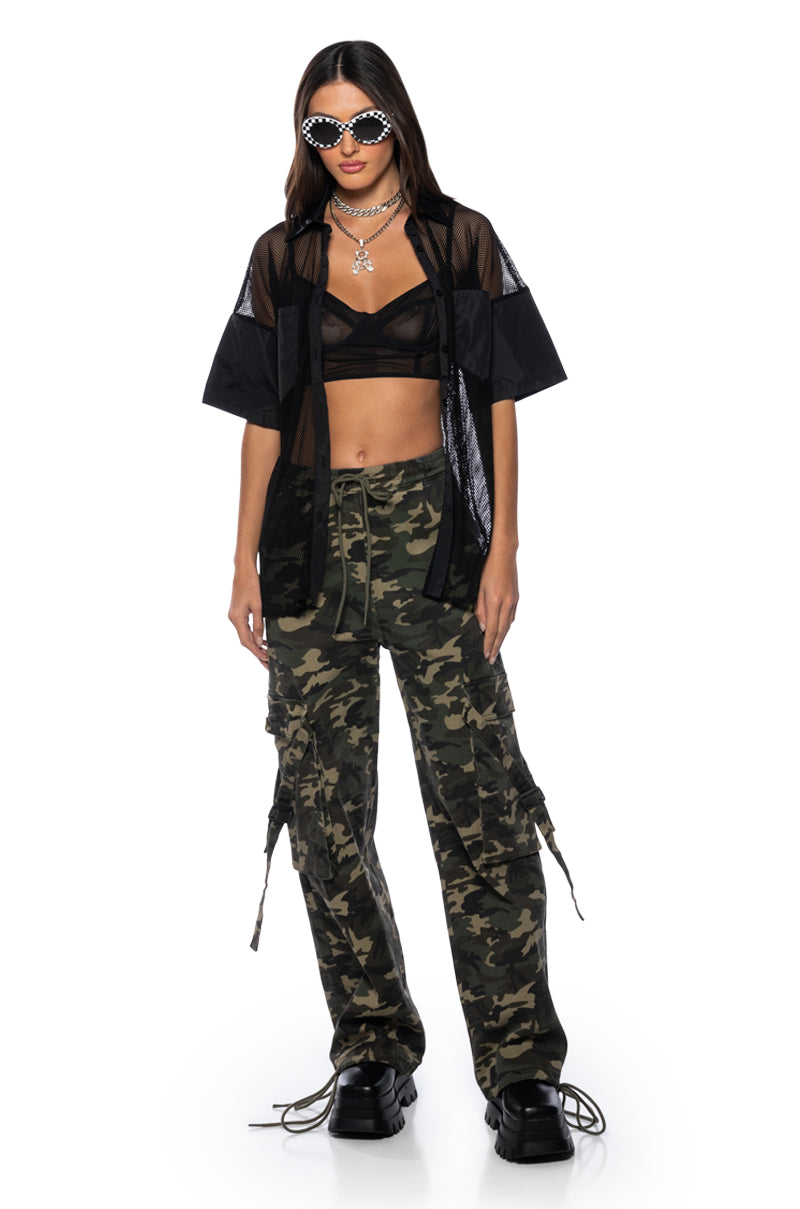 OVERSIZED MESH SHORT SLEEVE BUTTON DOWN IN BLACK