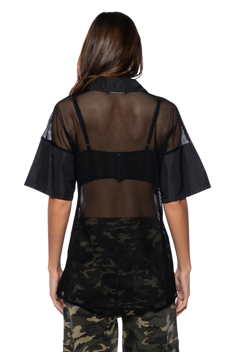 OVERSIZED MESH SHORT SLEEVE BUTTON DOWN IN BLACK
